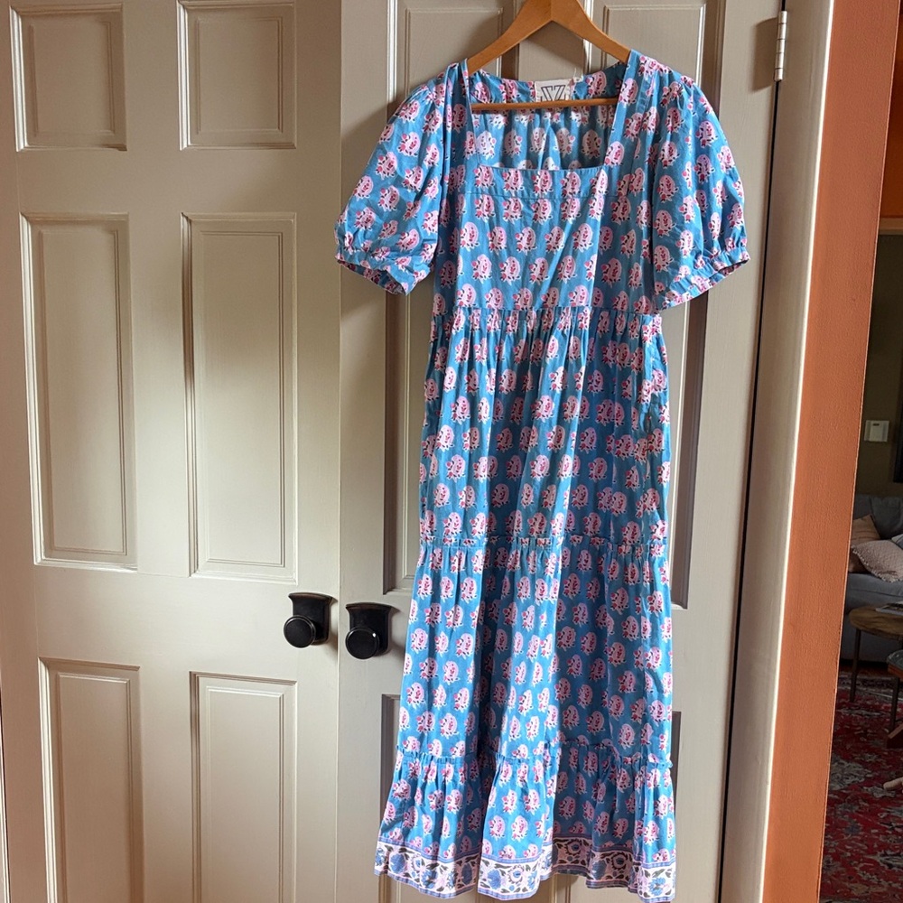 Blue Floral Square-Neck Maxi Dress with Puff Sleeves